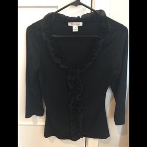 WHBM 3/4 sleeve black T-shirt with silk ruffle